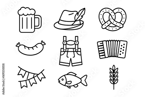 Oktoberfest icon set. Traditional German beer festival symbols. Bavarian culture elements vector illustration. Beer mug, pretzel, lederhosen, sausage, accordion outline icons.