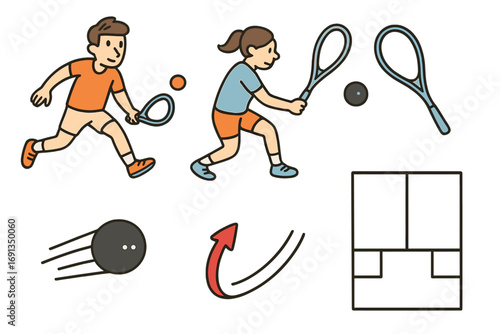 Squash sport equipment and player action set. Hand-drawn cartoon vector illustration. Racket, ball, court elements. Dynamic game concept for fitness and competition design.