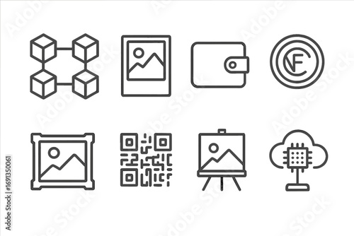 NFT Icon Set. Outline icon set of NFT art collections: blockchain symbol, digital artwork, wallet,