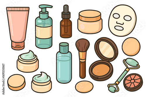 Vector illustration set of cartoon skincare and cosmetic items. Beauty routine collection for facial treatment. Makeup and self care icons. Serum, cream, face mask, jade roller.