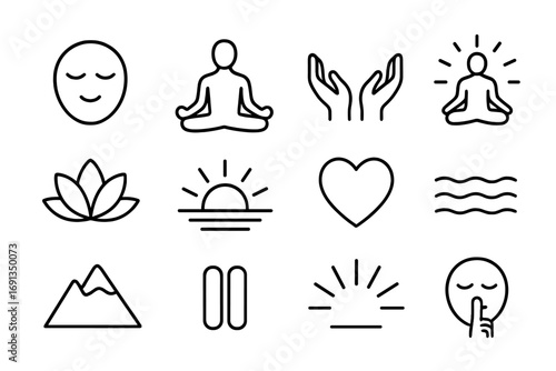Inner Peace Icons. Outline icon set of inner peace: calm face, meditating silhouette, open hands, glowing aura