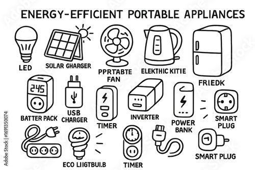 Energy Appliance Icons. Hand-drawn doodle illustration Energy-efficient portable appliances LED lamp, solar charger, portable fan,