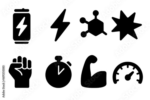 Energy Drink Icons. Solid, filled icon set of energy drink essentials: energy can, lightning bolt, caffeine molecule, burst splash