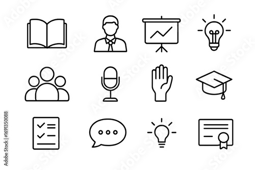 Empowerment Workshop Icons. Outline icon set of empowerment workshops: open book, mentor, presentation board,