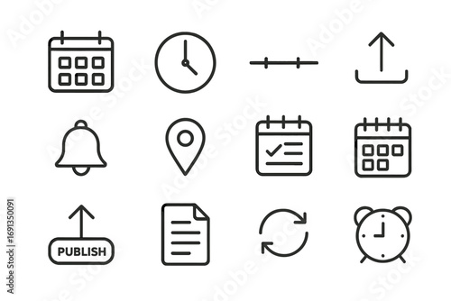 Content Scheduling Icons. Outline icon set of content scheduling: wall calendar, clock, timeline bar, upload arrow, notification