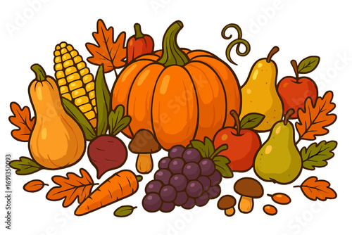 Autumn harvest festival bounty with pumpkin, corn, apple, and pear. Cartoon vector illustration of fresh fall vegetables and fruits for Thanksgiving design on white background.