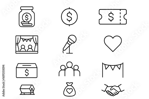 Fundraising Event Icons. Outline icon set of fundraising events: donation jar, dollar sign, ticket, stage,