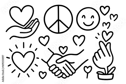 Hand-drawn kindness symbols and love icons doodle set. Vector illustration of peace, friendship, and unity. Features heart in hand, handshake, smile, and Korean finger heart.