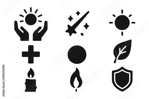 Energy Healing Icons. Solid, filled icon set of energy healing: hands with light, magic wand, glowing orb, healing cross, energy