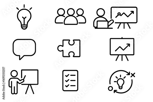 Team Brainstorming Icons. Outline icon set of team brainstorming sessions: light bulb, group of people,