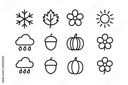 Seasonal Icons Grid. Outline icon set of seasonal natural aesthetics: snowflake, autumn leaf, spring flower,