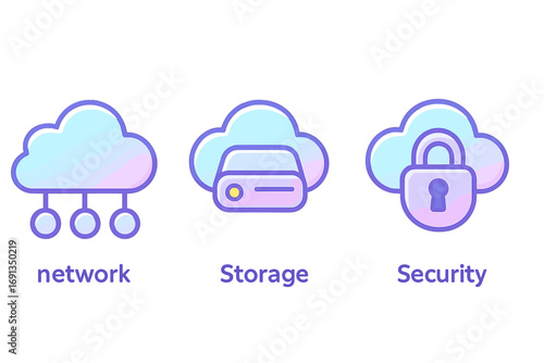 Cloud computing technology icon set. Vector cartoon illustration of network connection, data storage server, and security protection padlock. Pastel gradient style graphic elements.