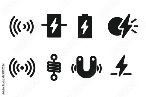 Energy Transfer Icons. Solid, filled icon set of energy transfer concepts: electromagnetic waves, power signal, charging pulse,