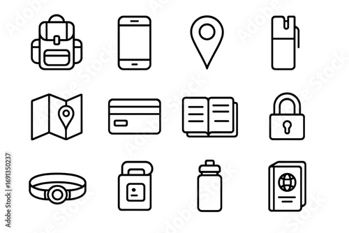 Safe Solo Travel Icons. Outline icon set of safe solo travel: backpack, smartphone, location pin, pepper spray