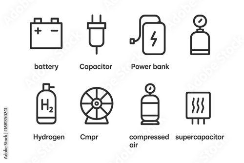 Energy Storage Icons. Outline icon set of energy storage: battery, capacitor, power bank, hydrogen tank, flywheel, compressed air,