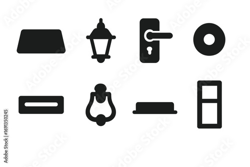 Entrance Icon Set. Solid, filled icon set of entrance features: welcome mat, porch light, door handle, peephole, mail slot, door