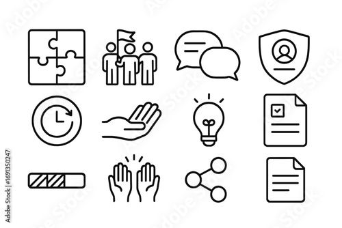 Cooperative Learning Icons. Outline icon set of cooperative learning games: puzzle pieces, team flag, discussion cards, role badge