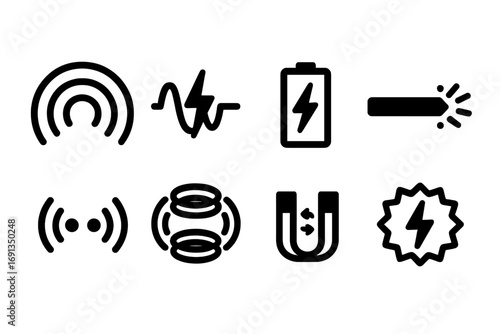 Energy Transfer Icons. Solid, filled icon set of energy transfer concepts: electromagnetic waves, power signal, charging pulse,
