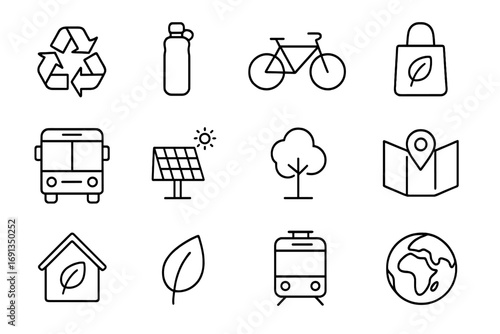Sustainable Travel Icons. Outline icon set of sustainable and safe travel: recycling icon, reusable bottle,