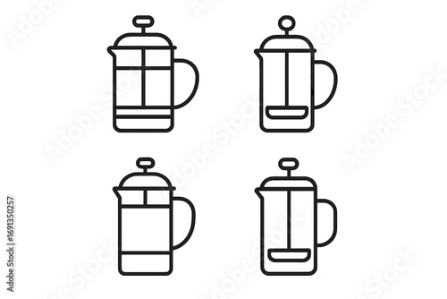 Set of linear French press icons. Minimalist coffee maker outline design. Vector illustration for cafe, brewing method, kitchenware, hot drink, caffeine concept symbol.