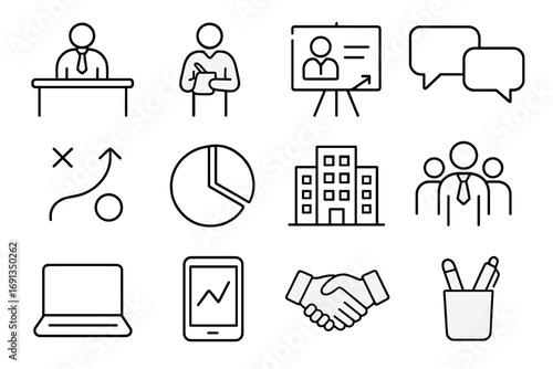 Corporate Mentorship Icons. Outline icon set of Corporate mentorship program: mentor at desk, mentee with notebook, presentation