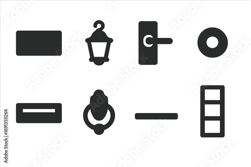 Entrance Icon Set. Solid, filled icon set of entrance features: welcome mat, porch light, door handle, peephole, mail slot, door