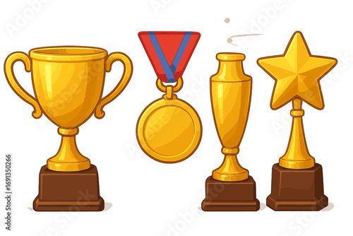Golden trophy cup and medal award vector set for winners. Cartoon illustration of prizes for achievement and success. Collection for first place, champion, competition, victory.