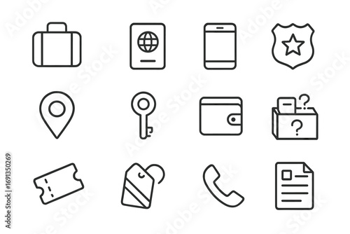 Lost Items Icons. Outline icon set of lost items and recovery: suitcase, passport, smartphone, police badge,