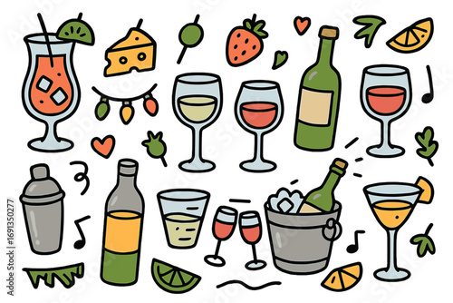 Cocktail party doodle icon set. Hand-drawn vector cartoon illustrations for happy hour, bar menu, or celebration. Includes wine, champagne, drinks, and food elements.