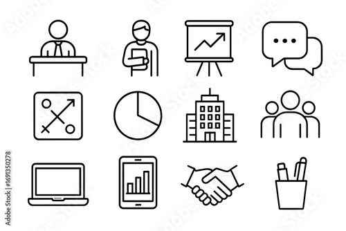 Corporate Mentorship Icons. Outline icon set of Corporate mentorship program: mentor at desk, mentee with notebook, presentation