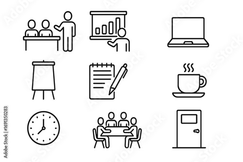 Corporate Training Icons. Outline icon set of corporate training session: colleagues seated at table, presenter with board,