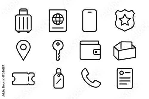 Lost Items Icons. Outline icon set of lost items and recovery: suitcase, passport, smartphone, police badge,