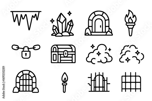 Enchanted Cave Icons. Outline icon set of enchanted caves: stalactites, glowing crystals, hidden door, torch,