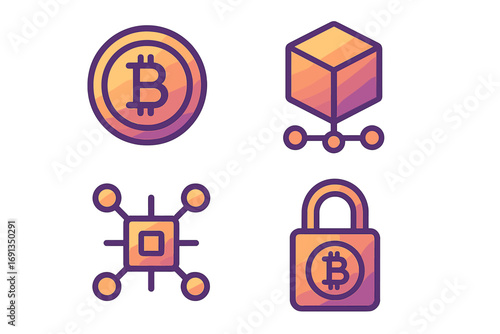 Cryptocurrency gradient icons. Bitcoin coin. Blockchain technology symbol. Decentralized network node. Crypto security lock. Fintech and digital money concept. Vector cartoon.