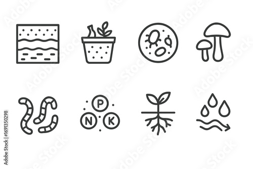 Environmental Roots Icons. Outline icon set of environmental roots: soil layers, compost, microbes, fungi, earthworms, nutrients,
