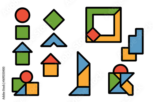 Vector set of colorful geometric shapes. Tangram puzzle for logic game. Building blocks for kids creativity. Educational toy icon collection for early development design.