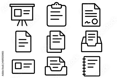 Document line icon set. Business paperwork, contract, and presentation icons. Office file, clipboard, report, and form symbols for UI UX design. Vector outline pictogram.