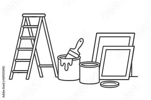 Home improvement and decoration concept. DIY renovation tools. Ladder, paint cans, brush, and picture frames for interior design. Minimalist outline vector illustration set.