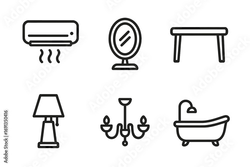 Interior design line icon set. Home furniture and appliance symbols. Vector collection includes air conditioner, mirror, table, lamp, chandelier, and bathtub pictogram.