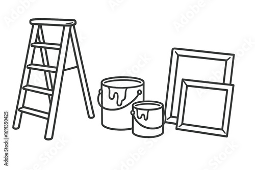Home renovation and interior design vector line icon set. DIY home improvement, decoration concept. Ladder, paint cans, picture frames for wall decor preparation. Repair work.