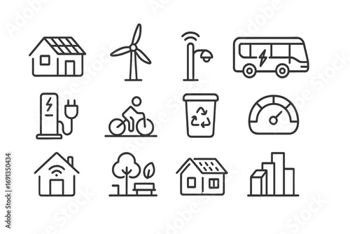 Green City Icons. Outline icon set of smart green cities: solar rooftop, wind turbine, smart lamppost,