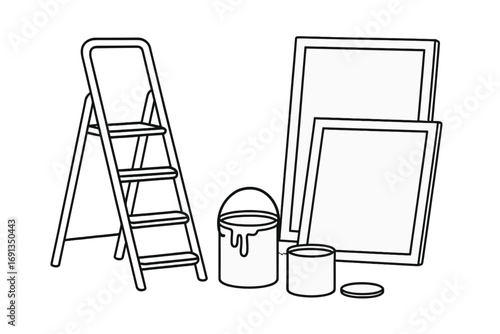 Home improvement and renovation concept. Minimalist outline illustration of a stepladder, paint cans, and art frames. DIY decorating project vector set for repair and design.