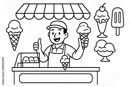 Ice cream shop set with a friendly vendor at the counter. Vector outline cartoon illustration of a man selling summer desserts like sundaes, popsicles, and scoops in cones.