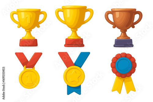 Set of 3D award icons. Trophies, medals, and prize ribbons for achievement. Vector cartoon illustration of winner prizes. Gold cups for first place success and victory.