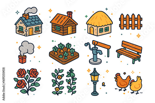 Countryside Cottage Icons. Colorful isometric vector icons set of countryside cottages: stone cottage, wooden cabin, thatched roof