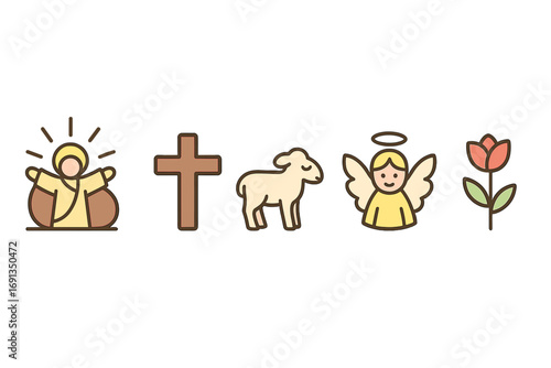 Minimalist Easter icon set for Christian resurrection story. Vector cartoon illustration of Jesus, cross, lamb of God, angel and flower. Holy religious symbols for graphic design.
