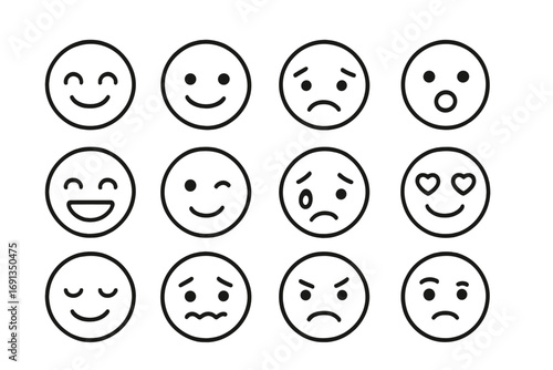 Minimalist emoji line art icon set. Vector emoticons with various expressions. Happy, sad, love, angry face symbols. Simple black and white cartoon character design pack.