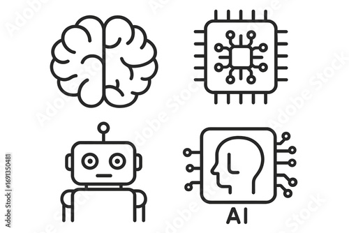 Artificial intelligence line icon set. AI, machine learning, robotics. Future technology concept. Robot, brain, chip, processor icons. Digital innovation, mind, cyborg vector.