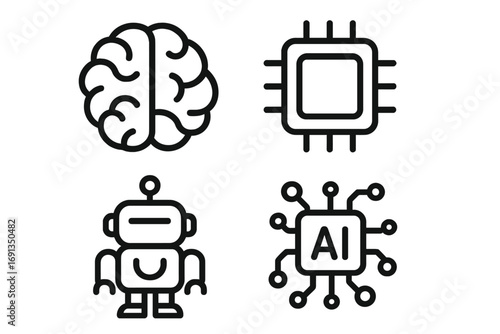 Technology line icon set. Artificial intelligence, machine learning, robot, brain, chip, cpu concepts. Future tech, automation, mind, processor. Vector icons for web, app design.