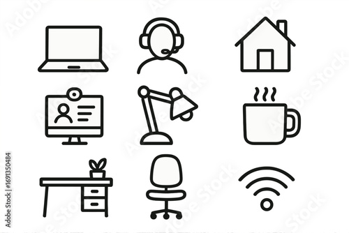 Remote work icon set with home office essentials. Vector line icons for telecommuting, freelance business, and online communication. Doodle illustration of workspace elements.